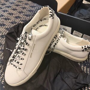 Brand New Saint Laurent White Sneakers with Black Animal Print Laces sz 40.5